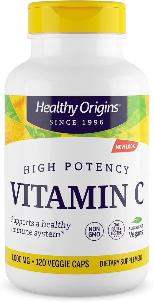 Healthy Origins Vitamin C 1,000 mg (Non-GMO Tested, High Potency, Immune Support, Vegan), 120 Veggie Caps