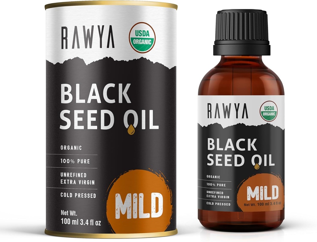 RAWYAブラックシードオイル - コールドプレス - ブラックカミンシード - プレミアムニゲラサティバ - Omega 3 6 9 - 皮膚とヘルシーな髪のためのカロンジ - 非GMO、グルテンフリー - ウェルネスオイル - ミルドフレーバー - 3.4 Flオズ