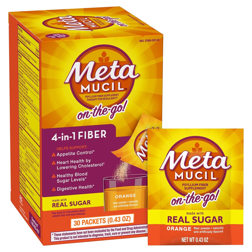 Metamucil On the-the-Go、リアルシュガー付きデイリーピシリウムハスクパウダーサプリメント、消化の健康のための4-in-1繊維、オレンジスムース風味ドリンク、2パックx 30カウント= 60パック合計