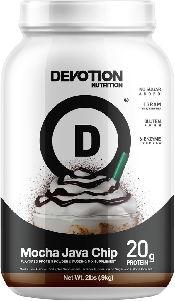 Devotion栄養プロテインパウダーブレンド | グルテンフリー、ケトフレンドリー、砂糖なし | 1g MCT | 20g ウィー&ミセラープロテイン | 2lb tub (Mocha Java Chip)