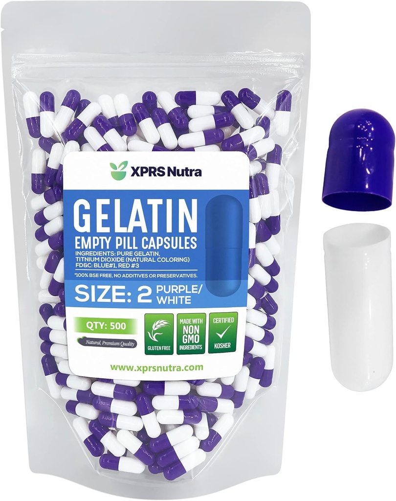 XPRS Nutra Size 2 Empty Capsules - 500 Count Empty Gelatin Capsules - Pills DIY Capsule Filling - Pure Bovine Pill Gel Caps for Do-It-Yourself Supplements (Purple/White)