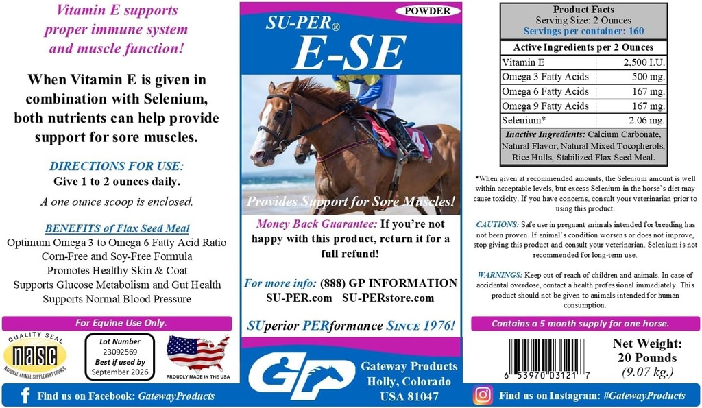SU-PER E-Seホース抗酸化サプリメント - ビタミンE&Selenium for Sore Musclesサポート - 20ポンド