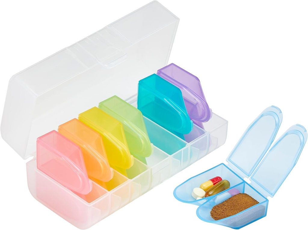 Easy to Pour Pill Organizer 2 Times a Day, Large Pill Box 7 Weekly, Travel Pill Container for Vitamin Fish Oil Supplements, Pill Case AM PM Daily (Rainbow)