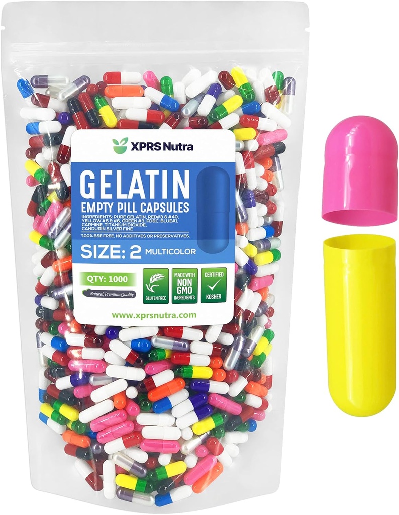 XPRS Nutraのサイズ2の空のカプセル- 1000の計算の空のゼラチンのカプセル-Pills DIYのカプセルの詰物-Do-It-Yourselfの補足(多色)のための純粋な牛の丸薬のゲルの帽子
