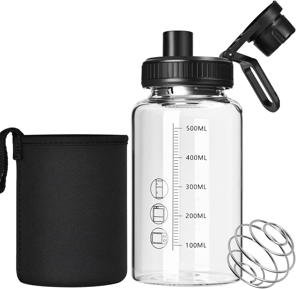 ガラスシェーカーボトル、22oz BPAフリー無臭シェーカーボトル、304ステンレス鋼ボールとフィットネスプロテインミックスのための取り外し可能なクリーニングブラシ(1パック)