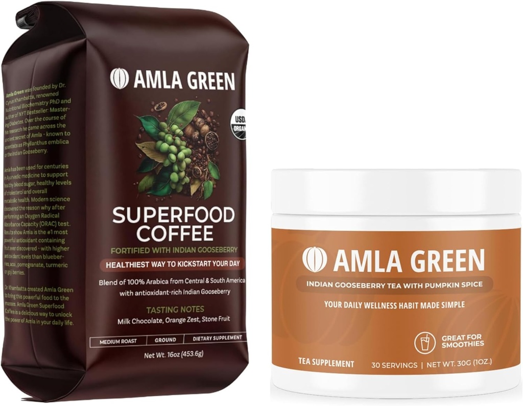 Amlaの緑の有機性地上のスーパーフードのコーヒーおよびAmlaの粉のカボチャのスパイス、20x超集中されたAmlaのスーパーフードの補足