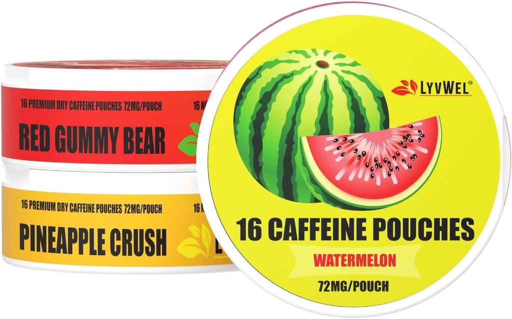 LyvWel 72mg Caffeine Energy Pouches – Watermelon, Red Gummy Bear, Pineapple Crush – Juicy Clean Energy with Guarana – 3-Pack (48 Total Pouches)