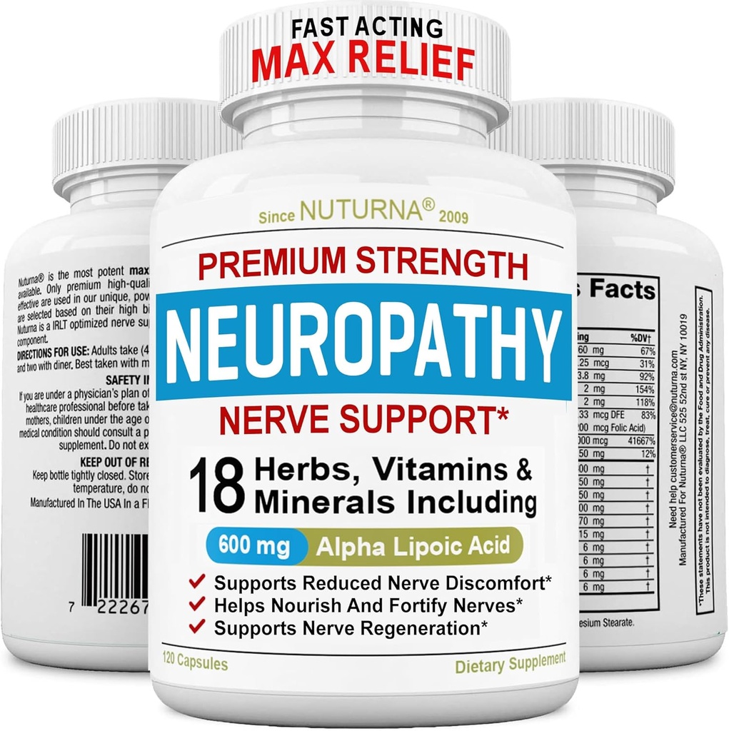 Neuropathy Support Nerve Supplement with 600 mg Pure Alpha Lipoic Acid - Maximum Strength Formula, Fortify Nerves in Fingers, Hands, Toes, & Feet - Best Peripheral Relief Support - 120 Capsules