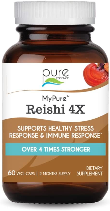 PURE ESSENCE LABS MyPure Reishi 4X 有機マッシュルーム サプリメント - 100% 免疫サポートのための本物のマッシュルーム エキス, ストレスリリーフ, エネルギーを構築 (60 カプセル)