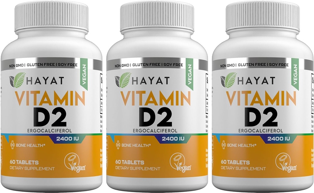 HAYATビタミンビーガンナチュラルビタミンD 2400 IU、D2、認定ハラール(パック3)