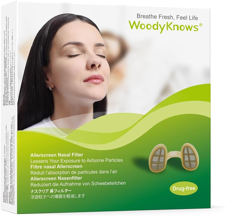 WoodyKnows 3 Allerscreenの鼻フィルター12組の取り替えフィルター、モデル2024、季節および塵のアレルギーの援助(大きい、3つのフィルター+12の取り替え)