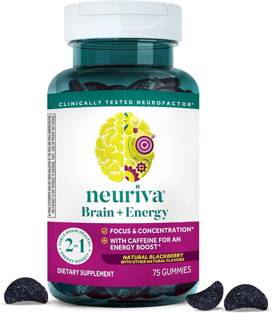 NEURIVA の頭脳 + エネルギー ガミー、Neurofactor、エネルギー ブーストのためのビタミン B12 及びカフェインとの焦点そして集中のための向知性脳の補足*、75ct の自然な BlackBerry