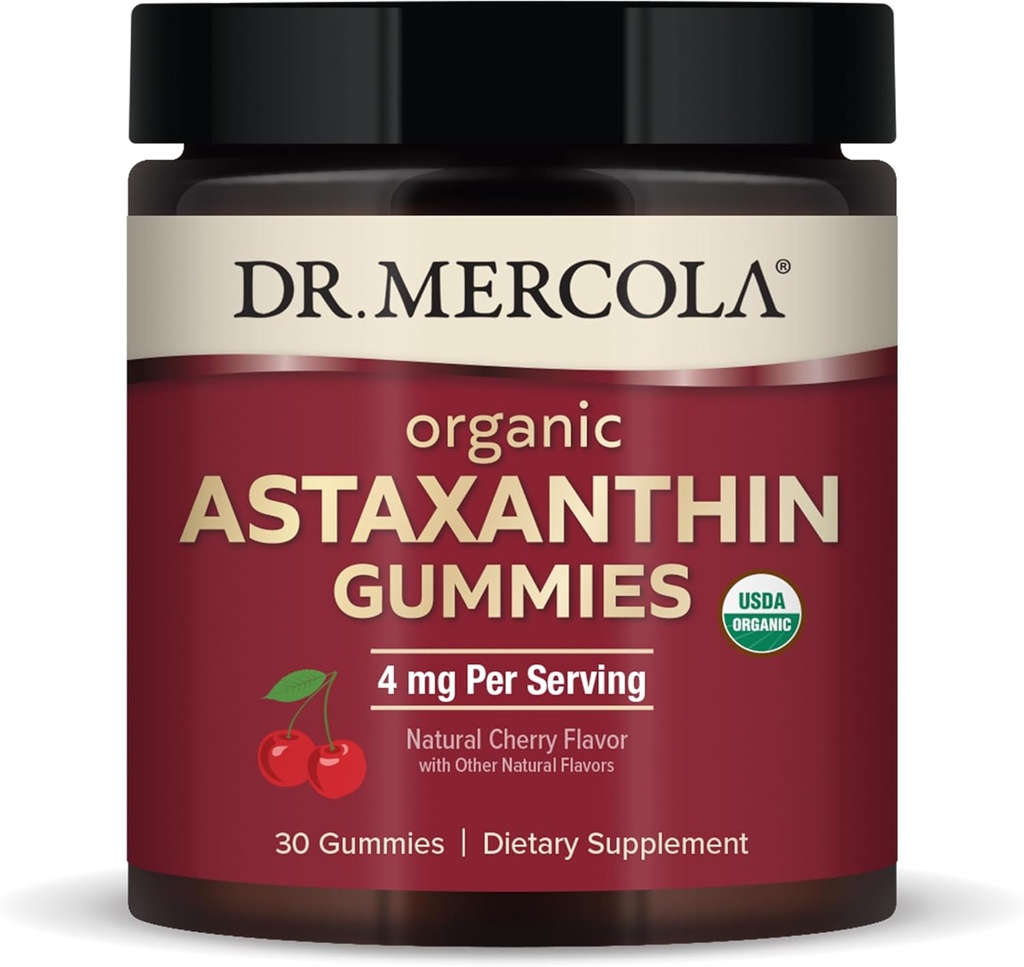 Mercola Organic Astaxanthin Gummies博士、30人のサービング(30のガミー)、食事療法の補足、酸化防止および免疫サポート、認定有機、非GMO