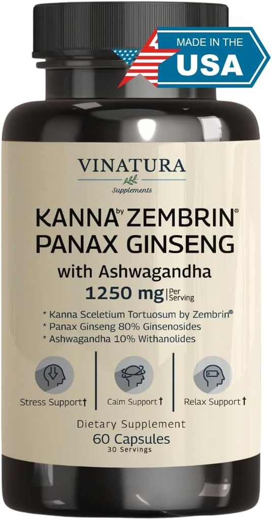 VINATURA Kanna ZembrinのSceletiumのTortuosum - Ashwagandha、Ginseng *Brainの健康、圧力救助サポート* Panax Ginseng 80%のGinsenosides Ashwagandhaのカプセル10%のwithanolidesの50mg Kanna/Serving