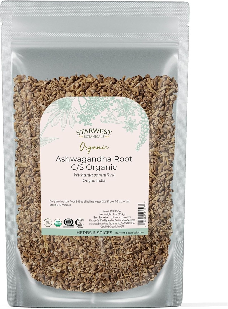 Starwest Botanicals Organic Ashwagandha Root for Women & Men - 乾燥ハーブティー、カプセル、&ナチュラルハーブブレンド、カット&シフト、認定コーシャ、非GMO - 4オンスポーチ