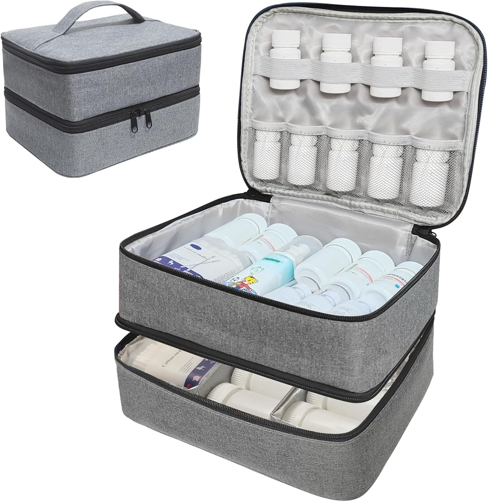 Travel Medicine Organizer and Storage Bag - Double Layers Pill Bottle Organizer Bag for Emergency Medication,Supplements or Medical Kits, Zippered Lockable Empty Medicine Bag for Home (Grey, M)