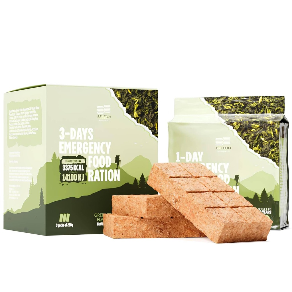 Green Tea Emergency Food Supply - 3-days 72 hours Biscuit Bars MREs Meals Military 2024 Survival Kit - 20 Years Shelf Life Camping Hiking Supplies