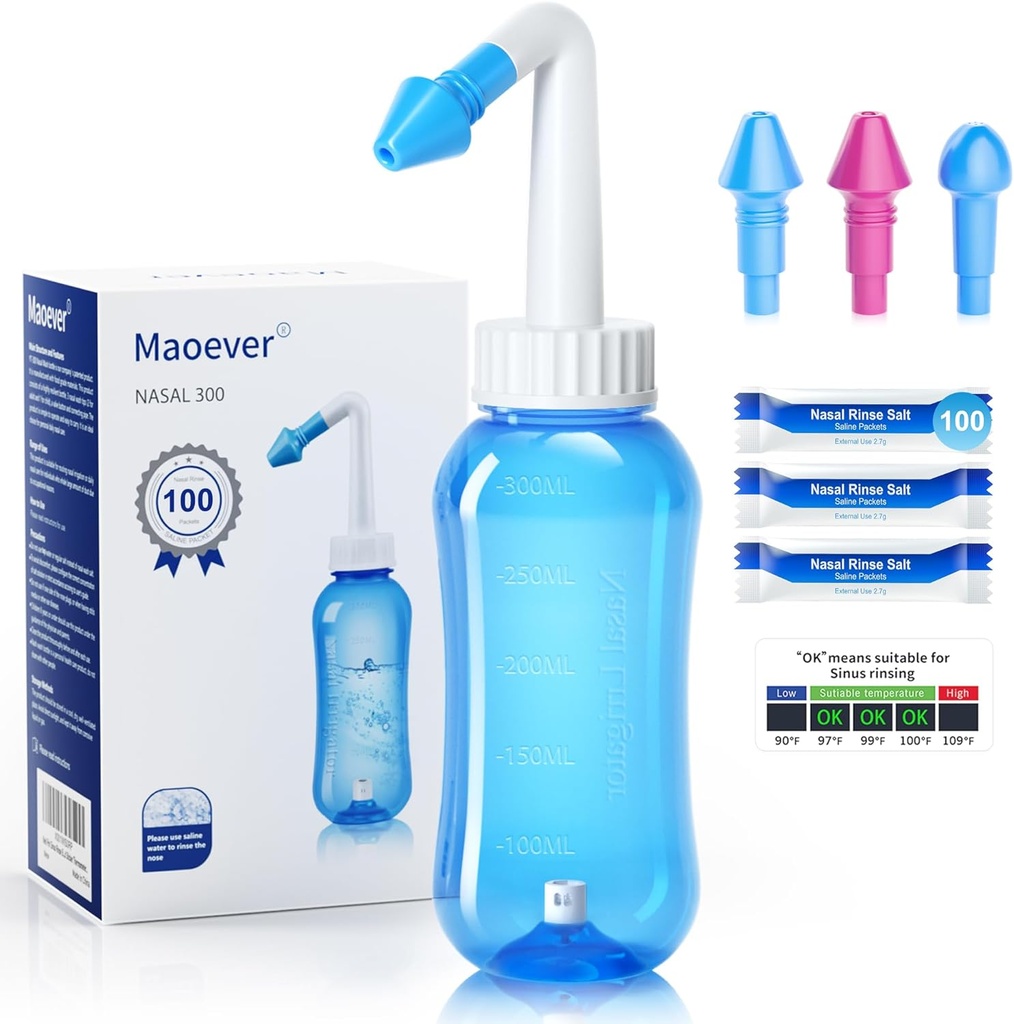 MAOEVERのNetiの鍋のSinusは100の鼻の洗浄の塩の小箱の鼻の洗浄の洗剤の圧力は大人及び子供BPAのための鼻の潅漑をステッカーの温度計(青)が付いている300のML放します
