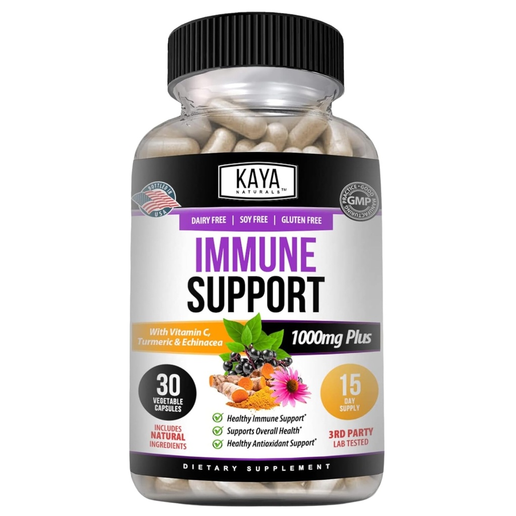 Kaya Naturals エルダーベリー免疫サポート | 大人のための亜鉛とビタミンCのビタミン、プロバイオティクス&ターメリック1000mg免疫システムブースターサムブカスカプセル - 30カウント