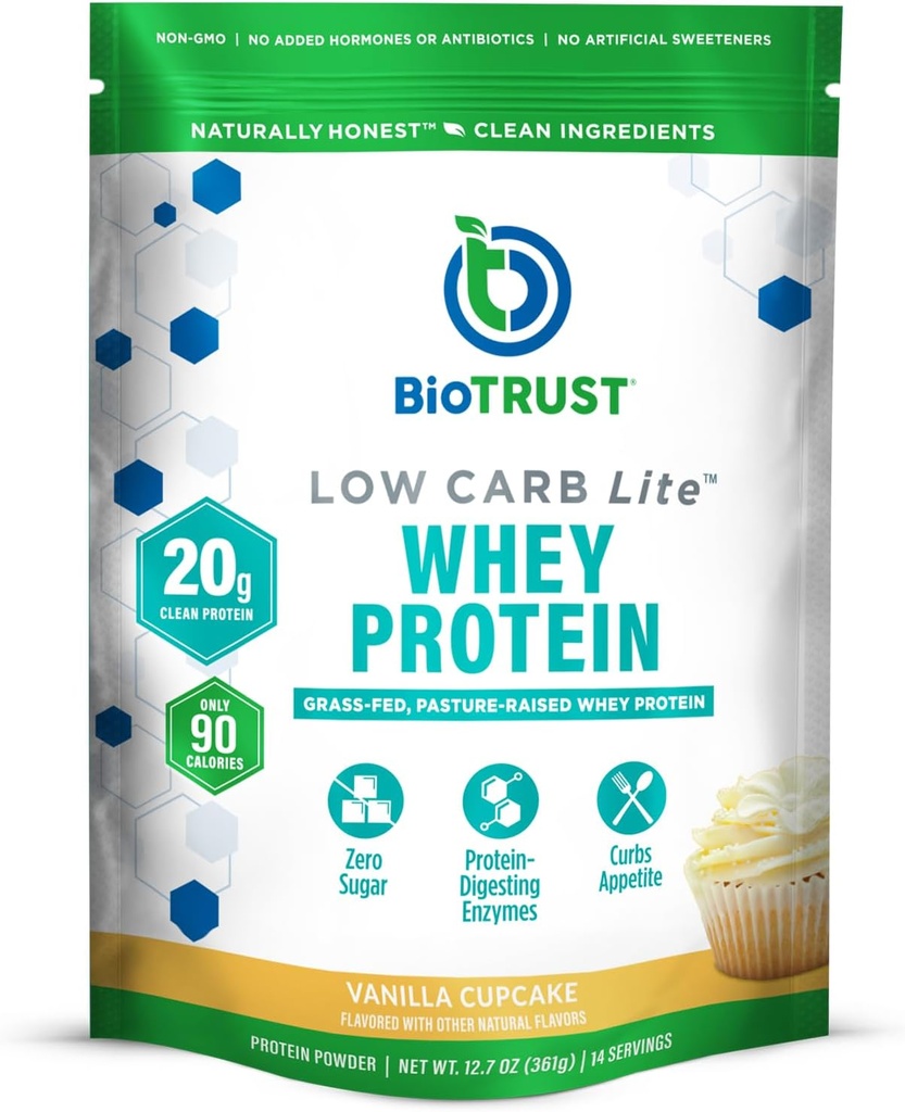 BioTrust Low Carb Lite, 20 グラスフェッドウィープロテインアイソレートのグラム, 100 Calories, ProHydrolase Digestive Enzymes, Non-GMO, Soy and Gluten, rBGH-Free (14 サービング) (バニラカップケーキ)