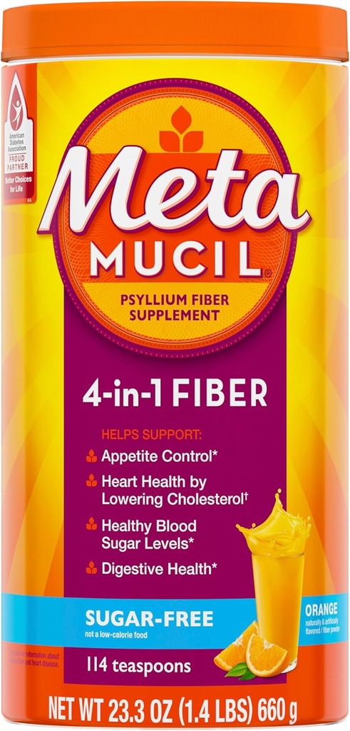 Metamucil 4-in-1のPsylliumの殻繊維の補足、砂糖なし、114のティースプーン、オレンジ風味付けされた、植物ベースのPsylliumの殻繊維となされる消化の健康のための毎日の繊維粉