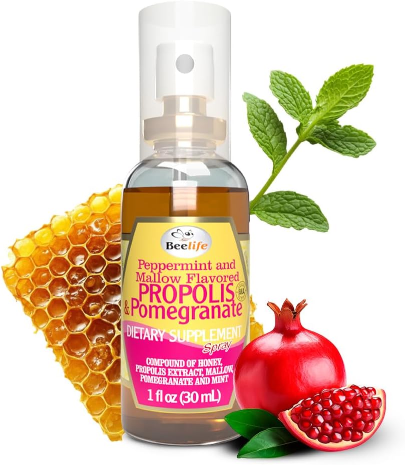 Beelife Propolis Throat Spray - 蜂蜜、ミント&ザクロ - 自然な免疫サポート&ソアの喉の救済 - 抗酸化物質、フルボノイド&アルテピリンC、砂糖、グルテンフリー、1パック、30ml