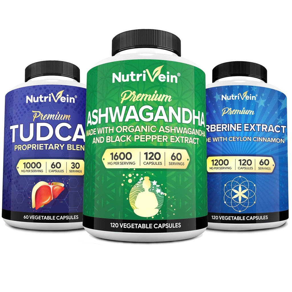 Nutrivein Premium TUDCA、Berberine Supplements、Ashwagandha Supplements Bundle:High-Absorption Berberine Complex、Ashwagandha Root Extract、Detox、Vitality&Well-Being用のTUDCA
