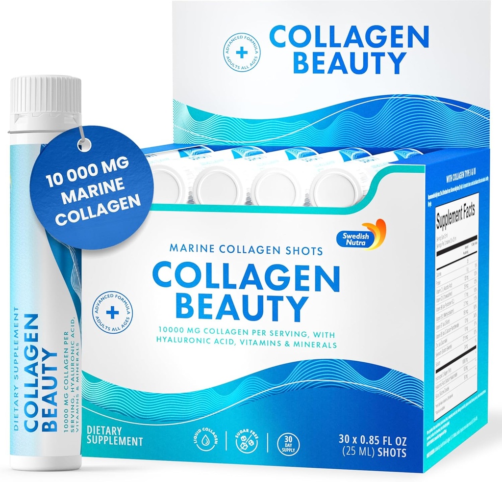 スウェーデンのヌトラ - コラーゲン美 | 10,000 mg 加水分解された海洋コラーゲンの液体の補足 - 30 x 25 ml 毎日の打撃 | 健康な毛、皮、釘を支える Hyaluronic 酸およびビタミン C | 砂糖なし