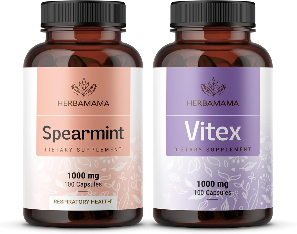 HERBAMAMA SpearmintとVitexキット - 1000 mgのSpearmintリーフ&Vitex Chasteberryカプセルのバンドル - ビーガン、非GMO、ゼラチンフリー - 2パック