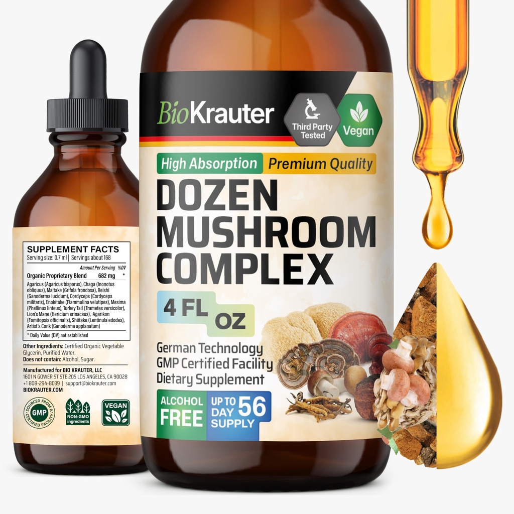 BIO KRAUTER Dozen キノコのチンキ - 免疫サポートサプリメントドロップ - 消化と認知サポートを促進 - 非GMO、液体免疫防衛フォーミュラ - 4 fl。 oz ボトル