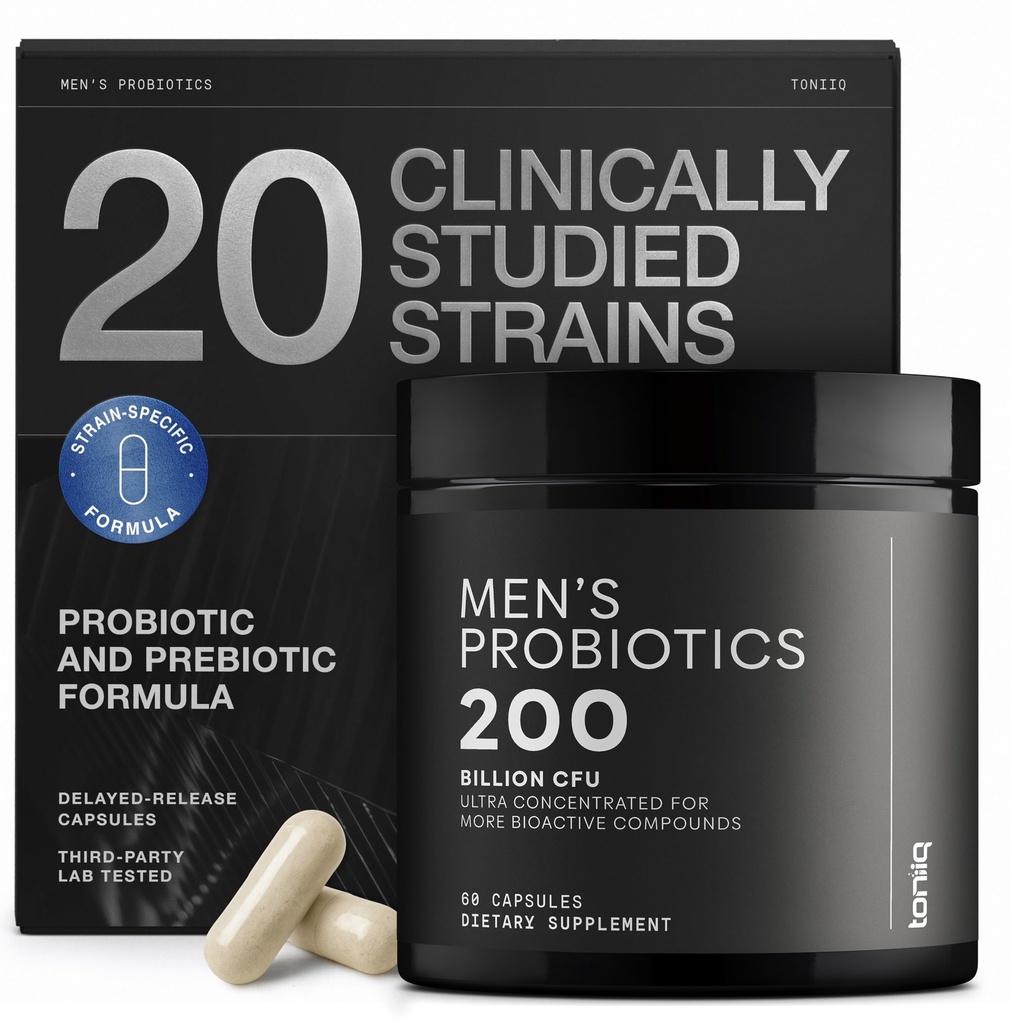 Toniiq Mens Probiotic with 20 検証済みストレーナー - 200 Bilion CFU + 200mg FOS Prebiotic - 男性のプロバイオティクス - コールドチェーン&遅延リース - ラボテスト済みSynbioticフォーミュラ