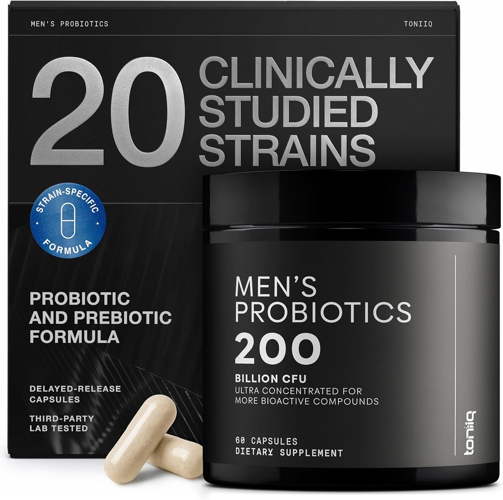 Toniiq Mens Probiotic with 20 検証済みストレーナー - 200 Bilion CFU + 200mg FOS Prebiotic - 男性のプロバイオティクス - コールドチェーン&遅延リース - ラボテスト済みSynbioticフォーミュラ