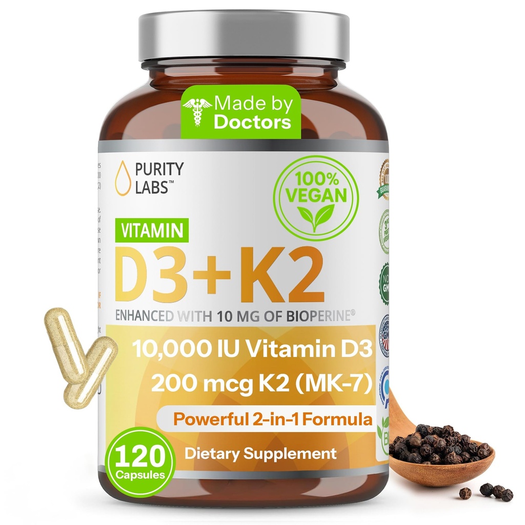 純度の実験室のビタミンD3 K2 10000 IU、(250mcg) D3 + 200mcg K2 MK7 -免疫サポート補足はBioperineと高めました-毎日の防衛、骨、筋肉及び皮の健康のための補足- 120のカプセル