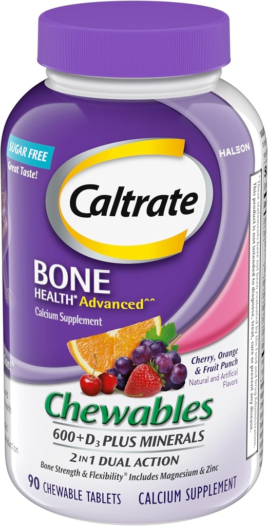 Caltrate Chewables 600 +D3 Plus Minerals Calcium and Vitamin D, Sugar Free, Cherry, Orange and Fruit Punch, 90 Count