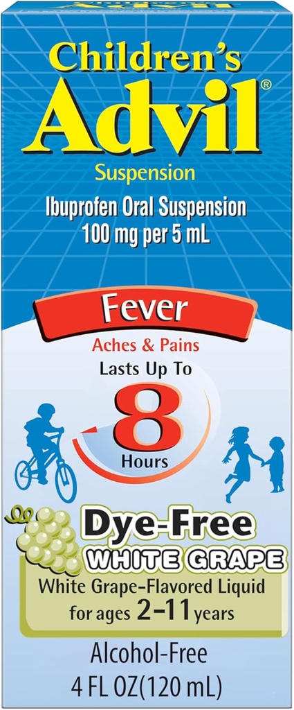 Children's Advil Pain Reliever and Fever Reducer, Dye Free Children's Ibuprofen for Pain Relief, Liquid Ibuprofen for Children, White Grape - 4 Fl Oz
