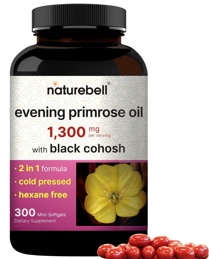 NatureBell Evening Primrose オイル with ブラックコホッシュ, 1,300 mg のサービングあたり, 300 ミニSoftgels | コールドプレス種子, 保持します。 130 mg 女性の健康とスキンケアサポート – ヘキサンフリー, 非GMO