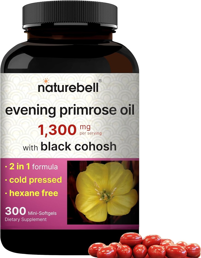 NatureBell Evening Primrose オイル with ブラックコホッシュ, 1,300 mg のサービングあたり, 300 ミニSoftgels | コールドプレス種子, 保持します。 130 mg 女性の健康とスキンケアサポート – ヘキサンフリー, 非GMO