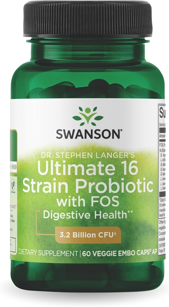 Swanson Dr. Stephen Langer's Formula - Natural Probiotic w/Prebiotic FOS - 16-Strain Supplement Promoting Digestive Support w/ 3.2 Billion CFU per Capsule - (60 Veggie Capsules)