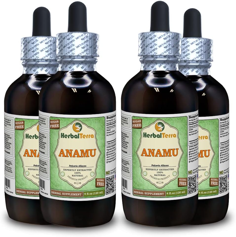 Anamu (Petiveria Alliacea) Glycerite, Dried Herb Alcohol-FREE Liquid Extract (Brand name: HerbalTerra, Proudly made in USA) 4x4 fl.oz (4x120 ml)