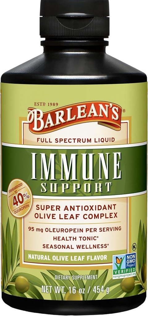 Barlean's Olive Leaf Complex Liquid Immuneは、95mg Oleuropein Antioxidants for Seasonal Wellness、心の健康、免疫系ブースター、16 Ounceのサプリメントです。
