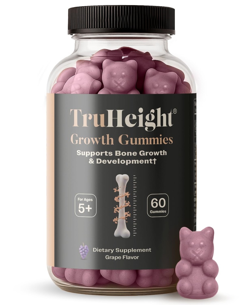 TruHeight成長グミー(グレープ)キッズ&ティーンのための自然成長&開発サプリメント - ビタミンD、K、カルシウム&アシュワガンダ - 骨の強度ビタミンD3 K2 - 子供のためのピッキーエイタービタミン - 年齢5 +