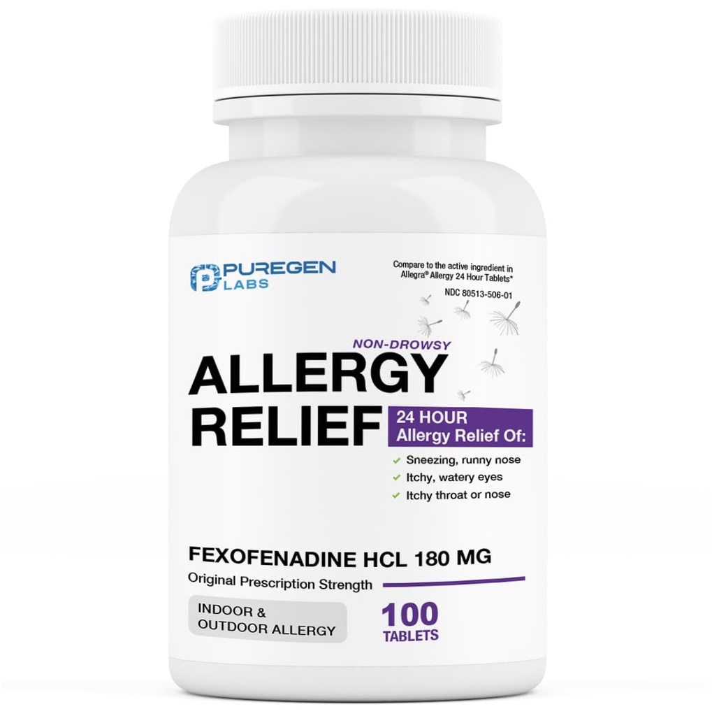 ピュアゲン ラボ アレルギー救済, Fexofenadine 180mg, 100錠 – 24 時間非眠症抗ヒスタミン薬 Runny Nose, Sneezing, Itchy, Watery Eyes - アメリカ製