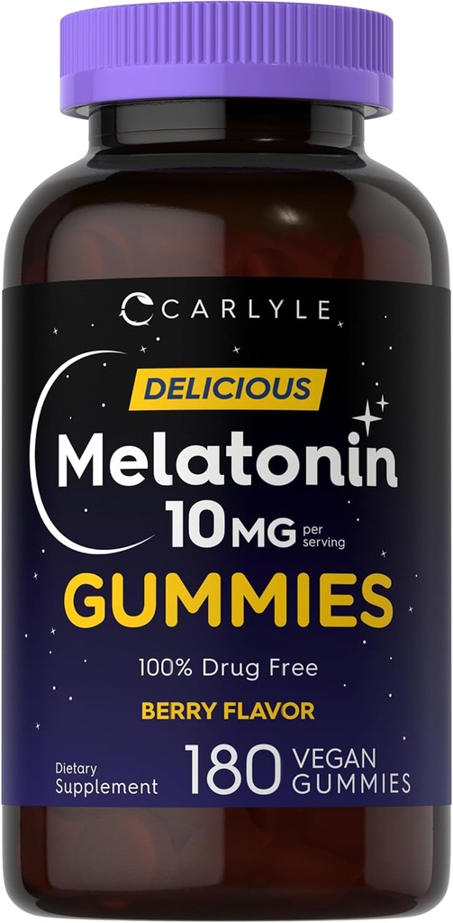 Carlyle Melatonin Gummies 10mg | 180カウント | アダルトドラッグフリーエイド | ベリーフレーバー | ヴィーガン、非GMO、グルテンフリーサプリメント