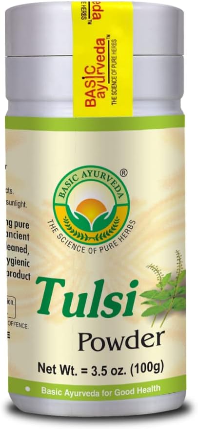 BASIC AYURVEDA Tulsiパウダー | お茶の聖バジルリーフパウダー | ピュア&ナチュラル | グルテンフリー・非GMO | 生アーユルヴェーダハーブサプリメント | 3.53 Oz (100g)