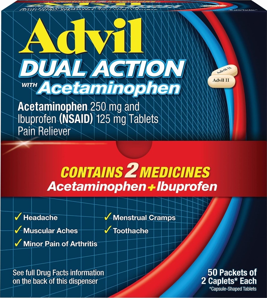Advilの二重行為は8時間の痛みの軽減のためのアセトアミノフェン、250 Mg Ibuprofenおよび500 Mgのアセトアミノフェンが付いているカプレットに塗りました - 2の計算x 50