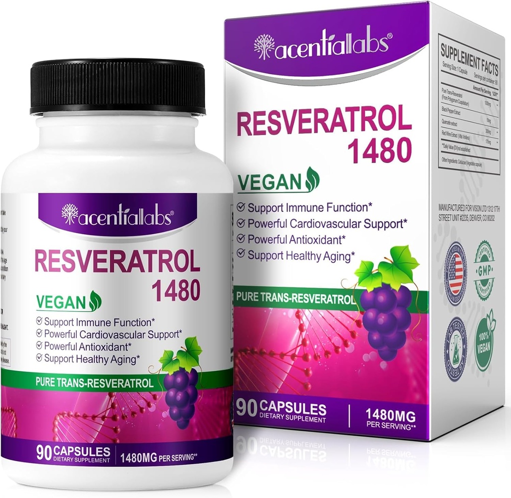 100%の自然なResveratrol - サービングごとの1480mg、90の野菜のカプセル、99%の純粋なトランスレスベラトロール、健康な老化のための酸化防止剤、頭脳及び中心サポート