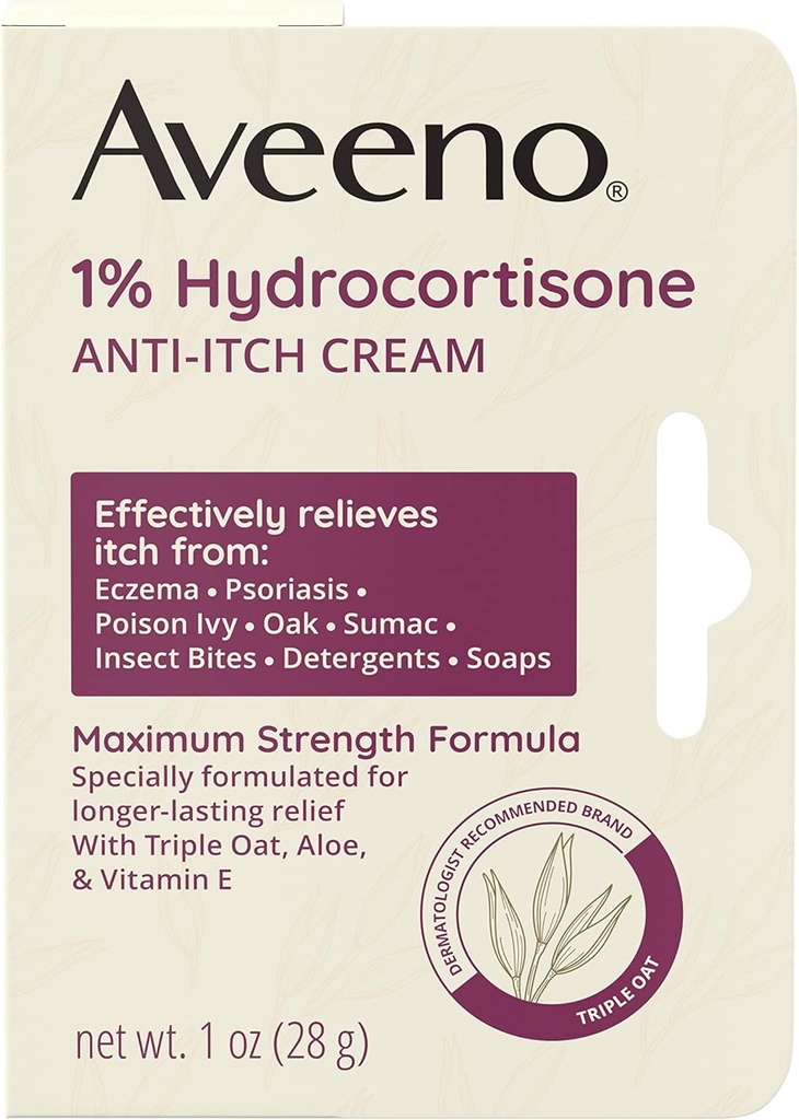 Aveeno Maximum Strength 1% Hydrocortisone Anti-Itch Cream, Triple Oat, Aloe & Vitamin E for Itch Relief from Eczema, Psoriasis, Insect Bites, Poison Ivy, Oak & Sumac & Detergents, 1 oz