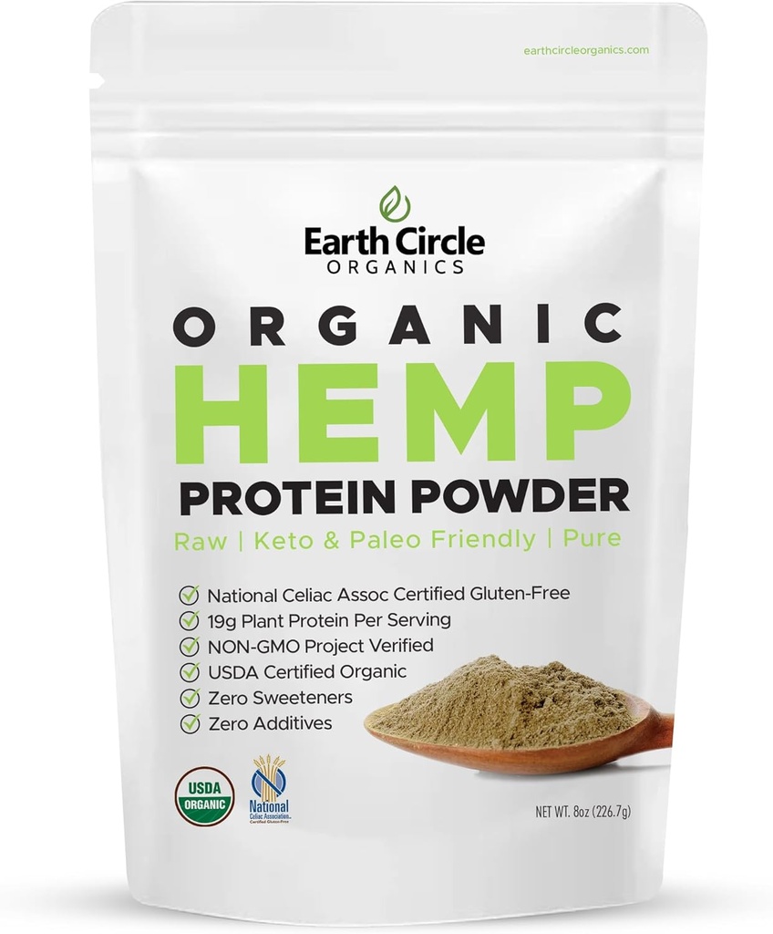 Earth Circle Organics Organic Hemp Protein Powder, Gluten Free, Plant Based & Vegan Raw Protein Powder - Perfect for Keto, Meal Replacement Shakes, Pre-Workout and Post Workout (8oz, Pack of 1)