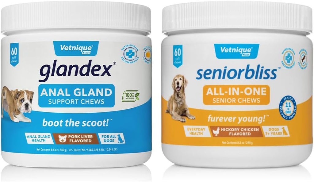 Vetnique Labs Seniorbliss All-in-One Multivitamin Chews for Senior Dogs (60ct) & Glandex Anal Gland Support Soft Chewは、犬用パンプキン(60ctポーク)の扱いをしています。