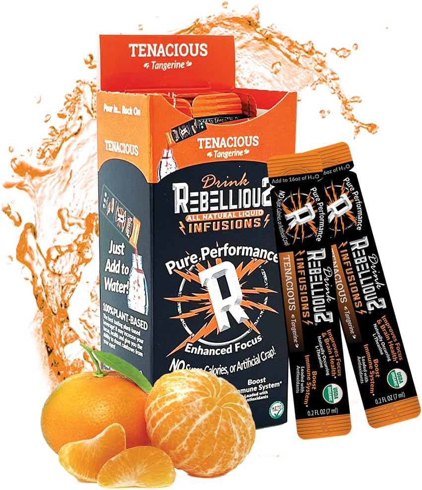 Rebellious Tenacious Tangerine Organic Drink Mix – ゼロカロリーエナジードリンクミックス | モンクフルーツ&グリーンティーエキス | L-テアニン+ナチュラルカフェイン | 100% プラントベース | 10パック | ケト・グルテンフリー